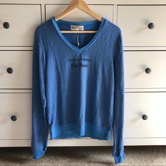 WILDFOX I'm Busy Soft Knit Blue V- Neck Sweater - Picture 3 of 7